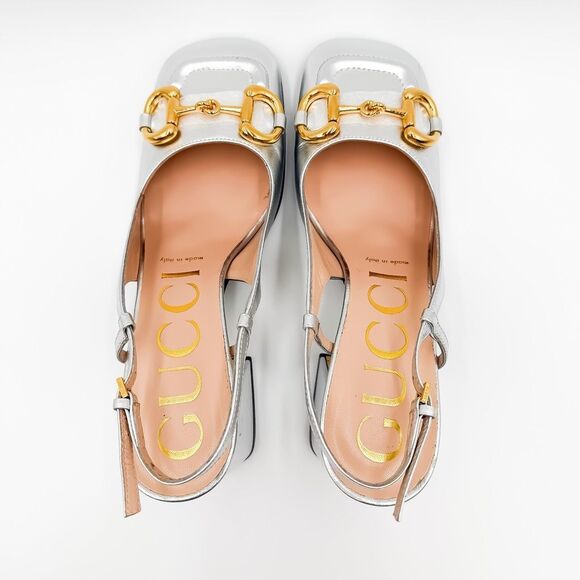 Gucci Baby Horsebit Metallic Silver Slingback Block Heels Size 37.5, 7.5 - Picture 7 of 16